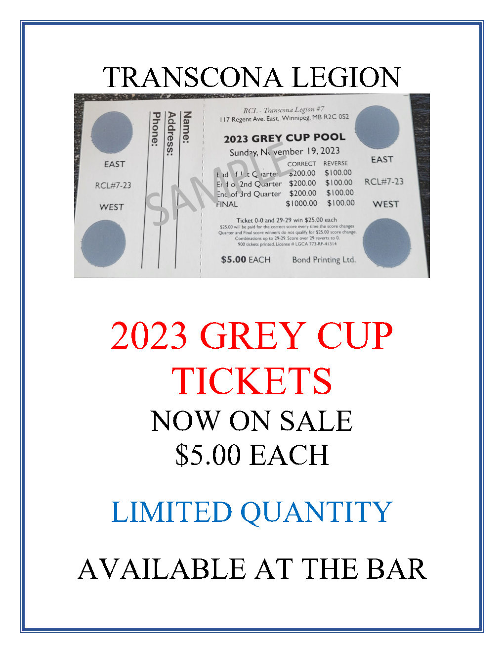Grey Cup Tickets Available Transcona Legion